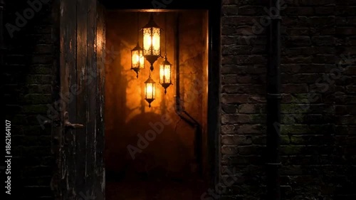 Mysterious glowing lanterns illuminate a dark, textured hallway with brick walls, creating an atmospheric and intriguing scene.
