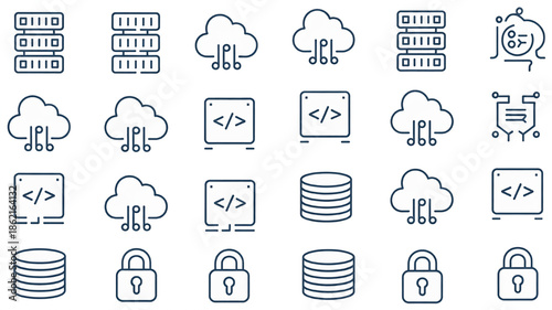 Collection of technology icons including servers cloud computing code databases and security locks in a minimalist outline style for digital applications