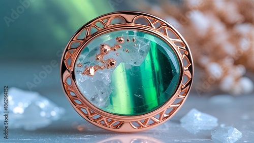 Wallpaper Mural Oval eudialyte arctic fire pin in rose gold icy inclusions polar light on aurora green reflection Torontodigital.ca