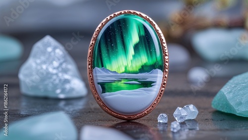 Wallpaper Mural Oval eudialyte arctic fire pin in rose gold icy inclusions polar light on aurora green reflection Torontodigital.ca