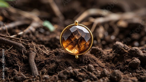 Wallpaper Mural Round dravite brown tourmaline root chakra pin in yellow gold grounding warm on rich soil root macro Torontodigital.ca
