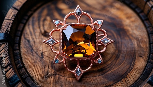 Wallpaper Mural Asscher smoky citrine whisky brooch in rose gold warm depth moody on aged oak barrel wood grain Torontodigital.ca