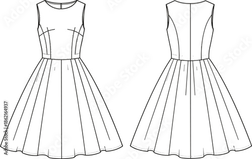 Technical fashion drawing of sleeveless fit-and-flare women's dress with round neckline, pleated skirt, vector flat sketch for apparel CAD