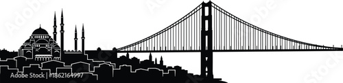 Istanbul skyline silhouette, mosque and bridge illustration, Bosphorus landmark, Turkish architecture, cultural heritage, black and white flat vector