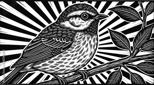 Detailed woodcut style songbird on branch illustration with radiant sunburst background, vintage black and white nature wildlife vector art.