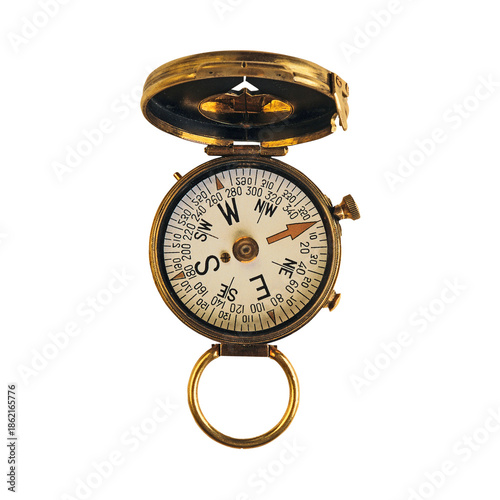 Antique Brass Pocket Compass with Open Lid - Isolated