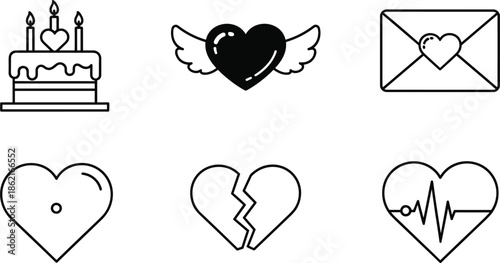 Black vector icon set for romance featuring a birthday cake winged heart love letter and broken heart symbols.