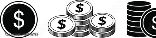 Black vector icon set of dollar coins featuring single coin stacks and pile of currency on white background.