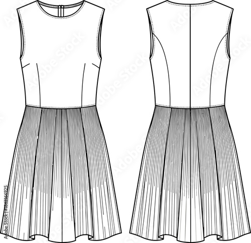 Technical fashion drawing of women's sleeveless party dress with pleated A-line skirt, scoop neck, vector flat sketch for apparel CAD