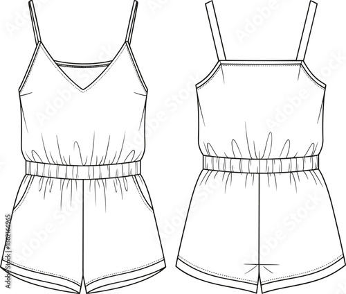 Technical fashion drawing of women's summer playsuit romper, cami V-neck top, elastic waist, vector flat sketch for apparel design CAD