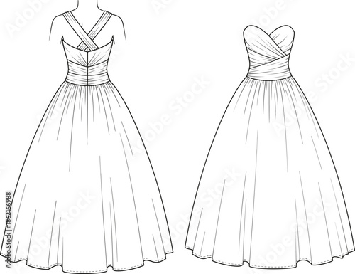 Technical vector drawing of a women's ball gown dress with a full skirt, ruched bodice, and dual-style neckline, featuring crossed back straps and a strapless sweetheart view.