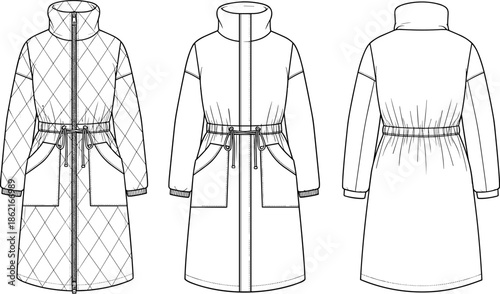 Technical Fashion Flat Sketch, Long Quilted Coat with High Collar, Drawstring Waist, Winter Outerwear Vector CAD Illustration Template.