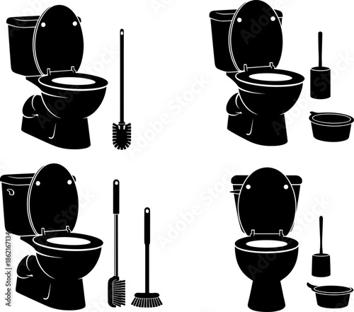 Toilet and cleaning brush silhouette set, showing bathroom bowl variations with sanitary tools, hygiene equipment, and maintenance accessories in detailed vector illustration