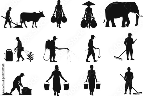 Traditional farming silhouettes featuring agricultural workers, livestock, tools, and rural activities illustrating manual labor, crop care, and village lifestyle in detailed vector illustration,