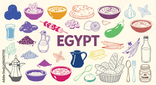 Egypt Icon Set. Egyptian Food. A hand drawn vector collection of falafel, hummus, kebab, tea and dates for a Middle Eastern travel guide, restaurant menu, and cultural brochure.