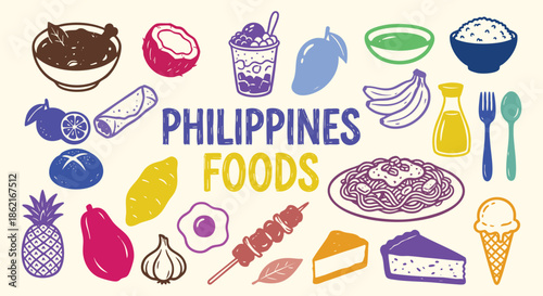 Philippines Icon Set. Filipino Food. A colorful vector collection of adobo, halo-halo, mango, lumpia and rice for a Southeast Asian travel guide, restaurant menu, and tourism flyer.