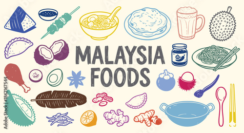 Malaysia Icon Set. Malaysian Food. A hand drawn vector collection of nasi lemak, satay, durian, laksa and tea for a Southeast Asian travel guide, restaurant menu, and cultural tourism.