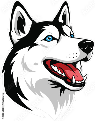 Colorful vector illustration of a Siberian Husky dog head featuring blue eyes and black and white fur.