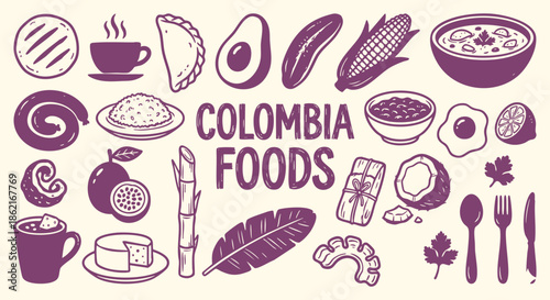 Colombia Icon Set. Colombian Food. A hand drawn vector collection of arepas, empanadas, coffee, avocado and tropical fruits for a South American travel guide, restaurant menu, and tourism.
