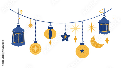 Vector set of hanging Islamic ornaments including stars, lanterns, and coins, gold and navy blue colors, festive look.
