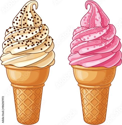 Colorful vector illustration of two soft serve ice cream cones featuring vanilla with chocolate sprinkles and strawberry flavors.