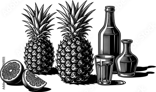 Tropical fruit still life with pineapples, citrus halves, glass, and bottles in a detailed black and white woodcut style illustration.