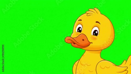 Adorable cartoon duckling looking curiously to the side on a vibrant green background