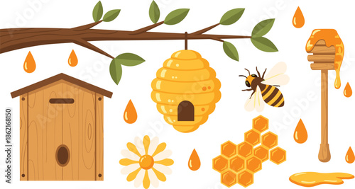 Colorful vector set of beekeeping icons including a wooden beehive honeybee honeycomb wild hive and honey dipper stick.