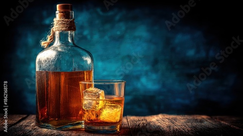 Elegant whiskey bottle and glass with ice on a wooden table