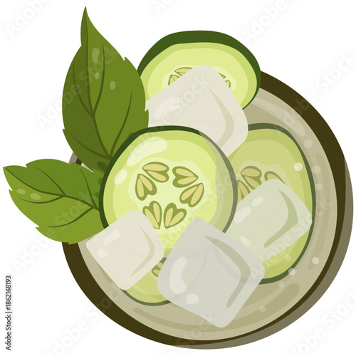 Top view illustration of a refreshing cucumber iced drink in a glass with ice cubes, cucumber slices and mint leaves. Suitable for menu design, cafe or restaurant branding, summer promotions