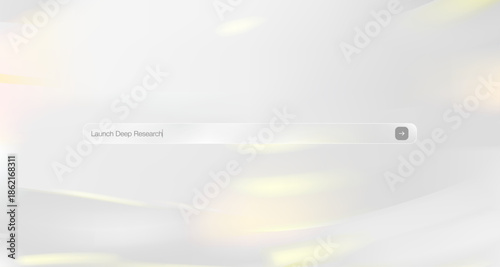 Futuristic vector search bar interface with text Launch Deep Research concept. Web design element featuring glassmorphism effect and blurred light background for artificial intelligence technology.