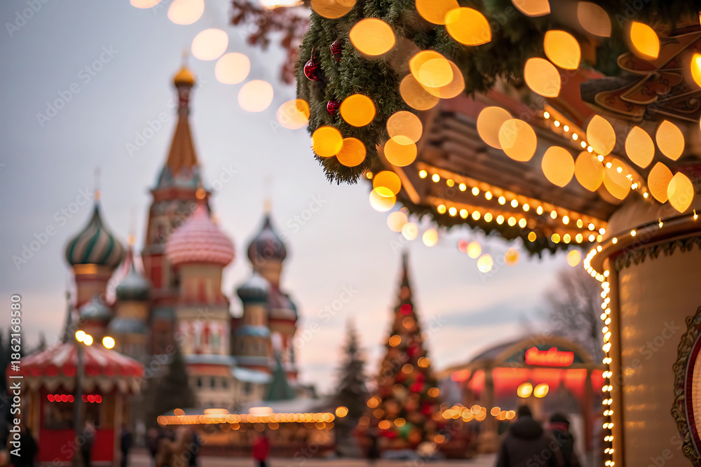 Fototapeta premium Night city view with a glowing Christmas tree and traditional Chinese temple architecture