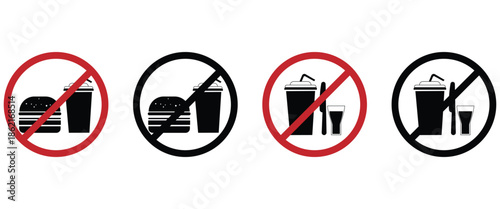 Web"No Food & Drink Vector Icon Set: Prohibited Sign for Fast Food, Soda, Pizza, Burger, Fries"