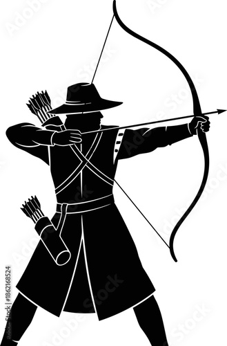 Archer warrior silhouette illustration, medieval bow and arrow fighter pose, hunting and battle concept, black solid vector icon, traditional marksman symbol