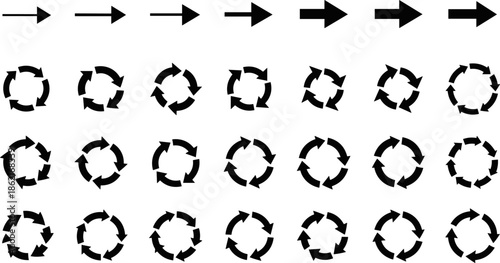 Arrow and circular loop icons set vector illustration, black directional arrows and rotation symbols collection for workflow, process navigation, infographic, interface design