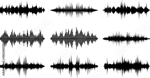 Audio waveform sound waves collection, music and voice signal visualization set, equalizer frequency patterns, black abstract vector illustration, isolated on white background