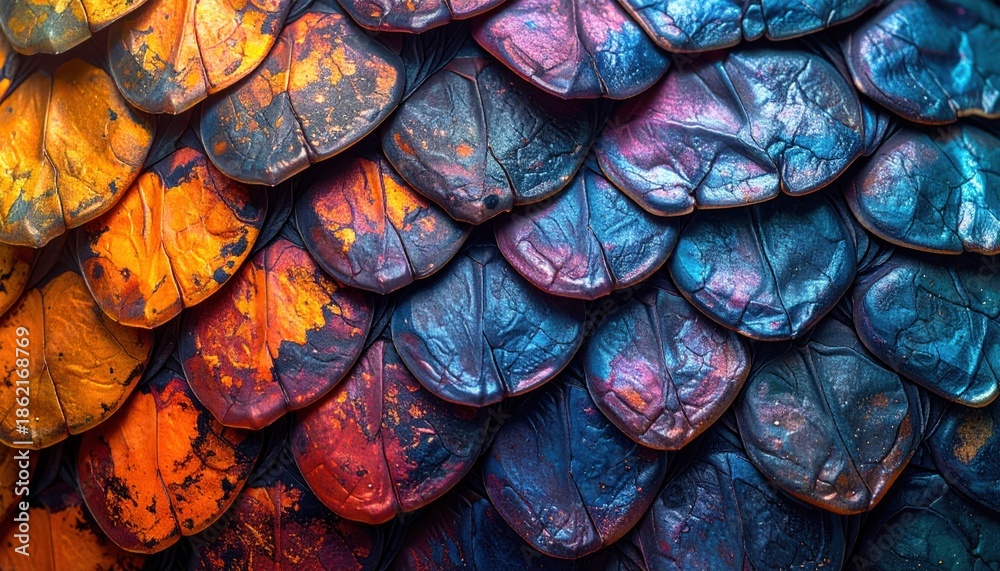 Fototapeta premium Colorful Dragon Scales Texture - A Vibrant and Detailed Close-Up.