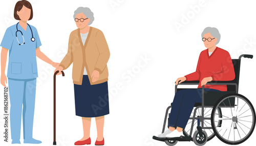 Flat vector illustration of a nurse assisting an elderly woman with a cane and a senior in a wheelchair.