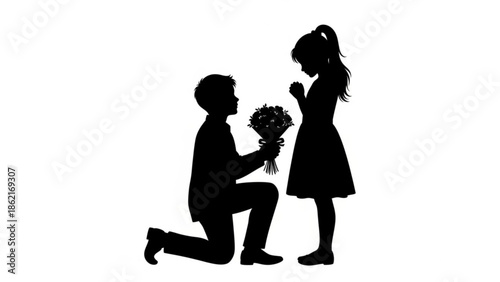 Man proposing to woman with flowers on one knee in a romantic gesture