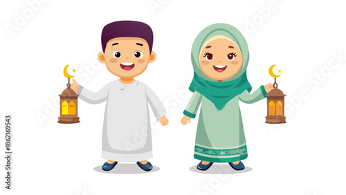 Vector characters of a young boy and girl in traditional Islamic dress (Thobe and Hijab) smiling and holding lanterns.