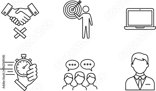 Outline vector icon set for business partnership featuring a handshake deal target laptop timer and professional team communication.