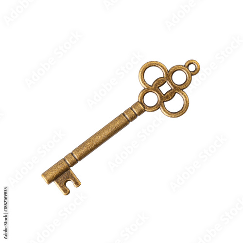 Antique Brass Skeleton Key with Ornate Design - Isolated