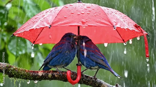 Two blue birds share a tender moment under a vibrant red umbrella during a gentle rain shower.
