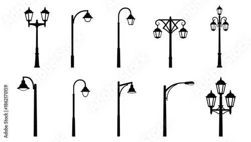 Street lamp silhouette set, vintage and modern outdoor lighting poles, decorative urban streetlight designs isolated on white background vector illustration
