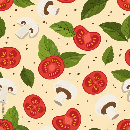 Seamless flat vector pattern with pizza ingredients such as tomatoes, mushrooms, basil leaves and spices on a warm light background. Perfect for packaging design, restaurant and pizzeria branding