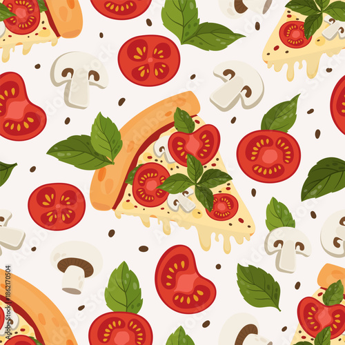Seamless flat vector pattern featuring pizza slices combined with pizza ingredients such as tomatoes, mushrooms, basil leaves and spices on a light background