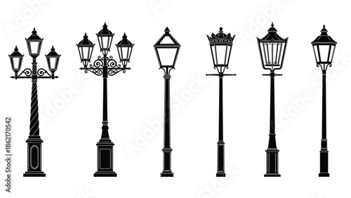Vintage street lamp silhouettes set, classic lantern lamp posts, decorative outdoor lighting, black vector illustration collection isolated white background design