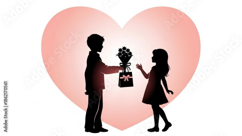 Man giving flowers to woman in front of a heart-shaped background