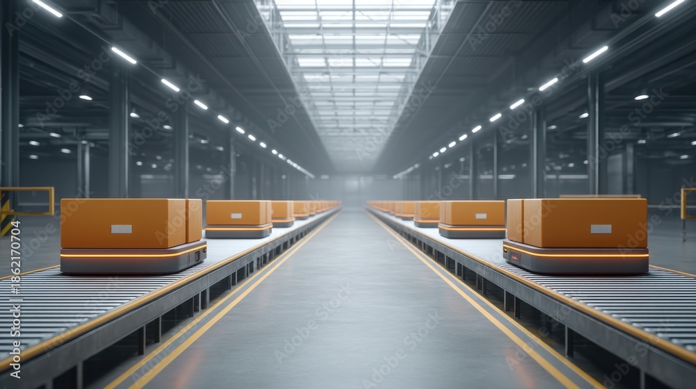 Fototapeta premium Advanced Fulfillment Center with Automated Mobile Robots Navigating Conveyor System for Efficient Logistics Operations