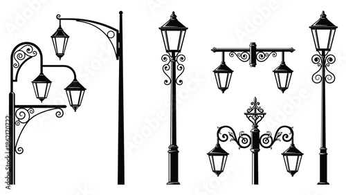 Vintage street lamp silhouettes, ornate classic lantern posts, decorative outdoor lighting collection, black vector illustration isolated white background design elements